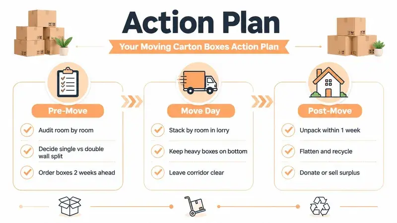 A comprehensive checklist for moving carton boxes with tips for pre-move, move day, and post-move planning.