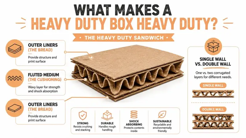 A diagram illustrating the layered structure of heavy duty cardboard boxes including liners and fluted mediums.