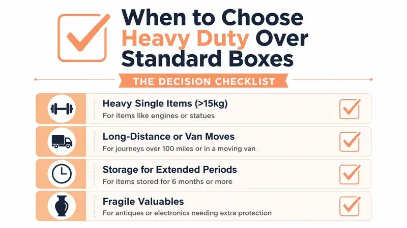 A decision checklist infographic explaining when to choose heavy-duty boxes over standard packing boxes for moving.