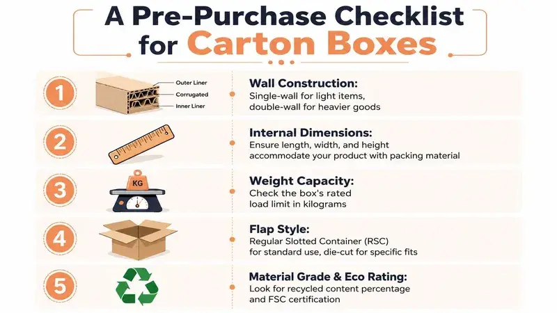 An educational infographic providing a five-point checklist for choosing the right carton boxes for shipping products.