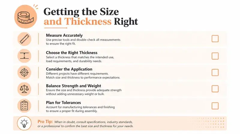 An infographic detailing steps to correctly measure size and thickness for material selection and project planning.