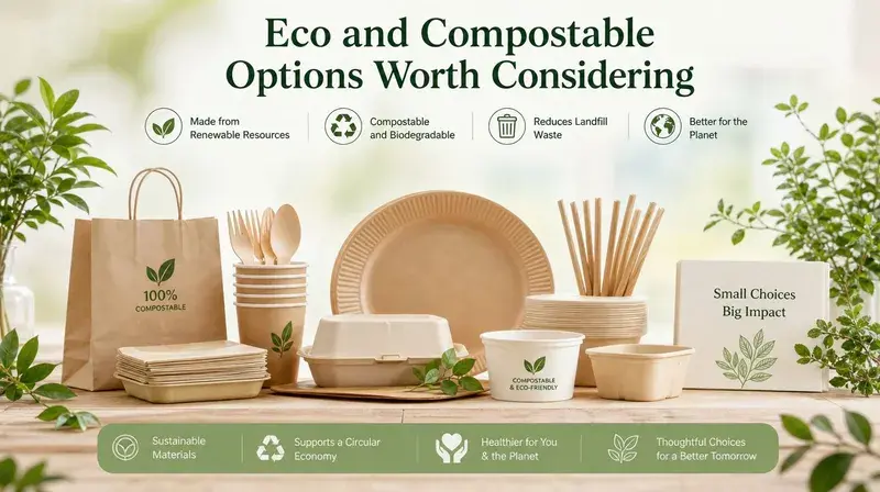 A collection of eco-friendly, compostable food packaging and tableware items arranged on a wooden surface.