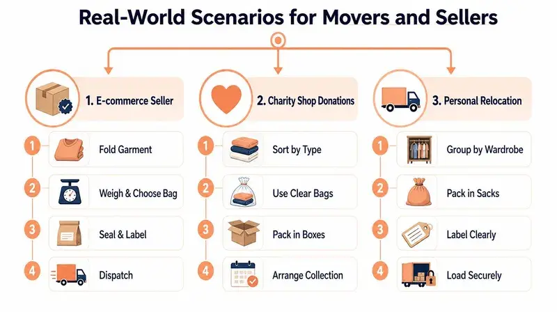 A diagram outlining step-by-step processes for e-commerce selling, charity shop donations, and personal relocation packaging tasks.