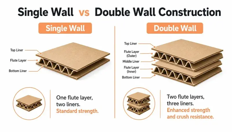 A diagram comparing single wall and double wall corrugated cardboard construction layers and structural strength properties.