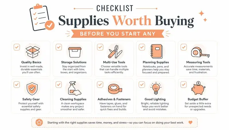 An infographic checklist for essential supplies to purchase before starting a new home or DIY project.