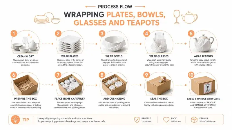 An infographic showing a step-by-step process on how to securely pack plates, bowls, glasses, and teapots for moving.
