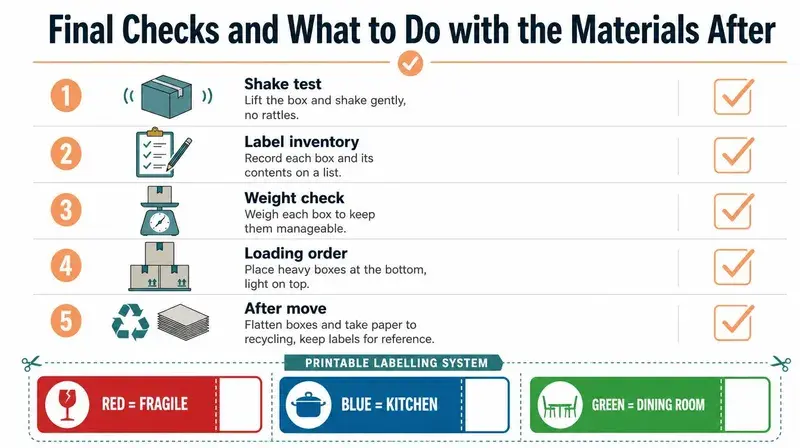 A checklist for packing boxes during a move, including loading tips and a printable labeling system guide.
