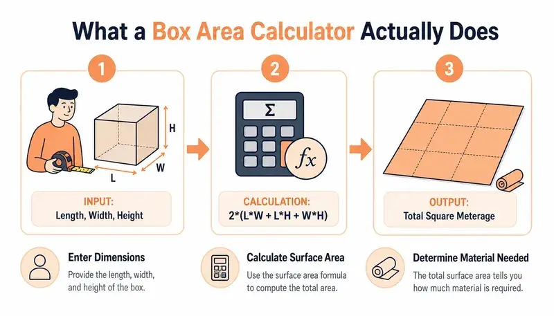 An infographic showing the three steps of how a box area calculator works, including measuring, calculating, and output.
