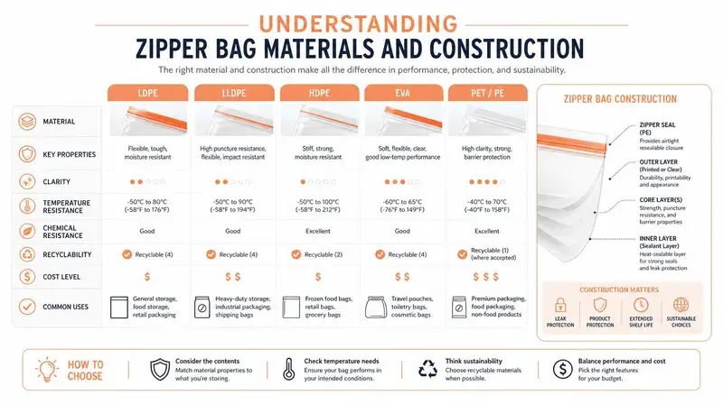 An infographic comparing materials and construction types used for manufacturing various zipper storage bags.