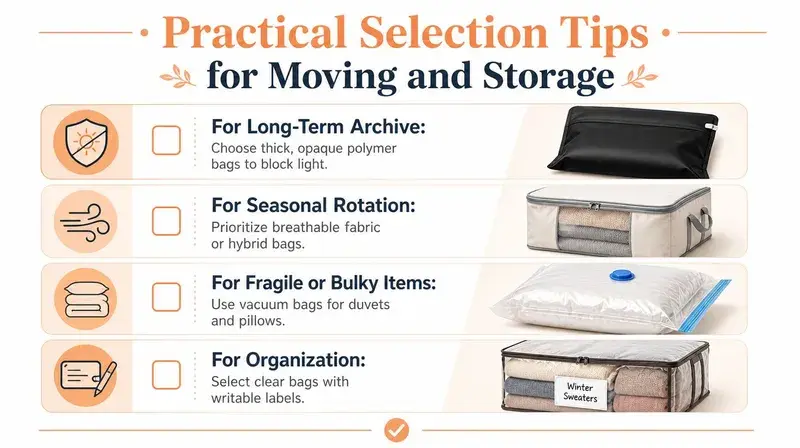 A helpful infographic outlining four practical selection tips for choosing storage bags for moving clothes and items.
