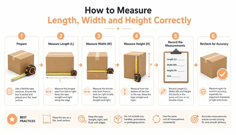 An infographic titled How to Measure Length, Width and Height Correctly for a parcel box.