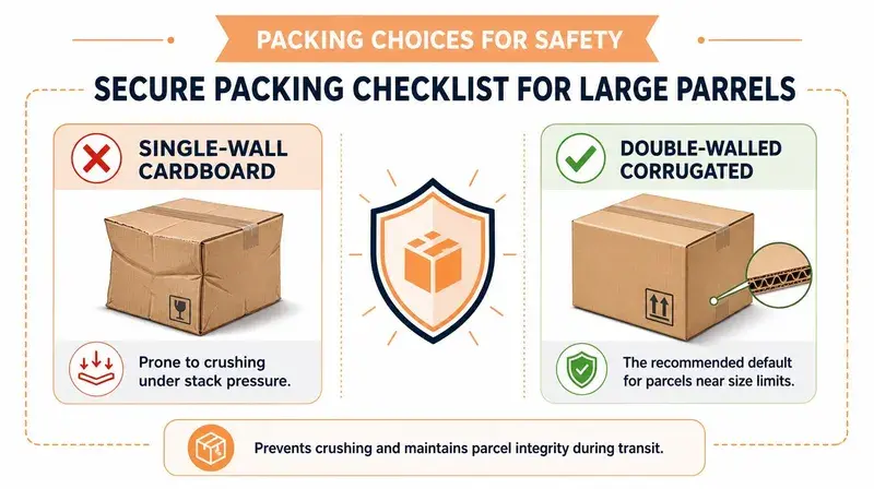 A comparison showing single-walled cardboard boxes can crush easily while double-walled corrugated boxes are recommended for large parcels.