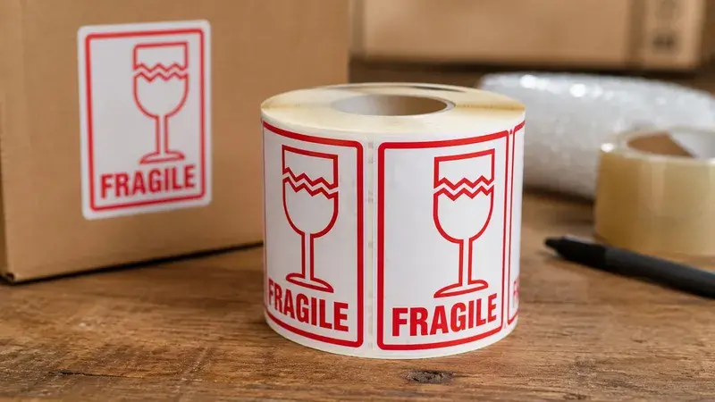 Fragile Warning Labels 80x110mm with Broken Glass Image