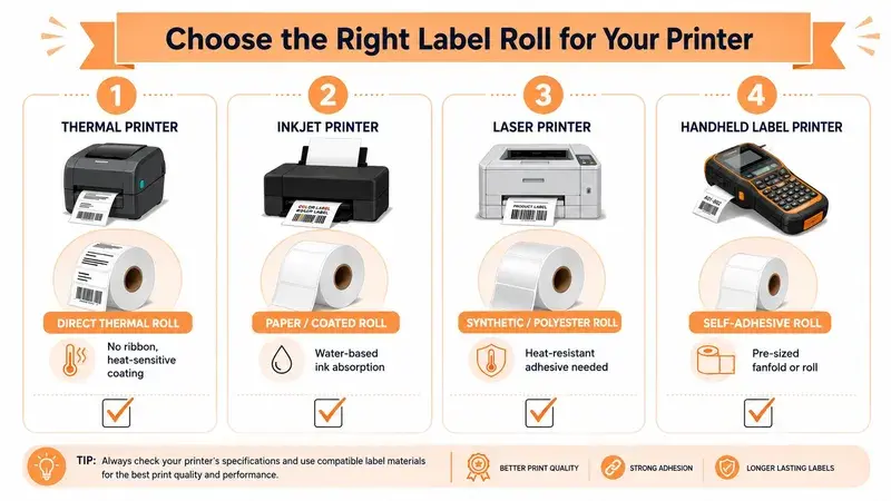 An infographic guide illustrating the compatible label rolls to choose for thermal, inkjet, laser, and handheld printers.