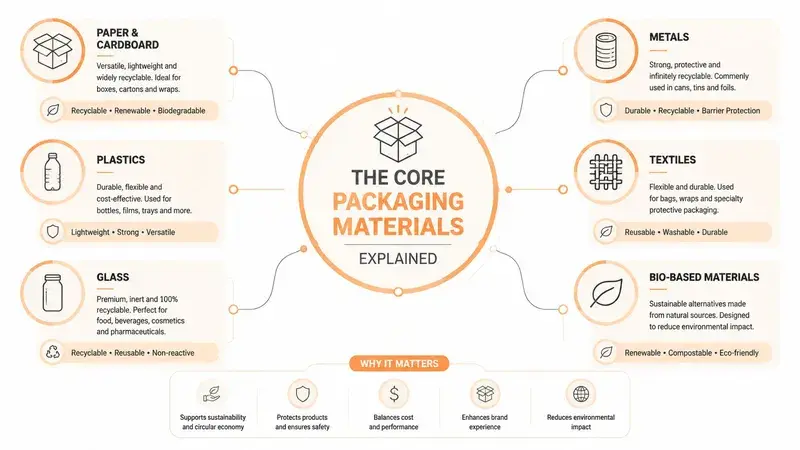 An infographic detailing six core packaging materials including paper, plastics, glass, metals, textiles, and bio-based materials.