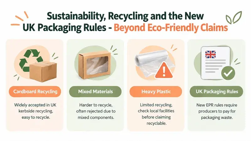 An infographic detailing UK recycling guidelines for cardboard, mixed material packaging, plastic, and new EPR regulations.