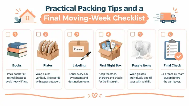 An infographic titled Practical Packing Tips showing six essential steps for organizing a smooth home move.