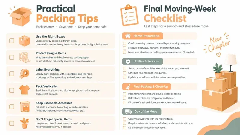 A comprehensive infographic guide showing practical moving tips, packing strategies, and a final week checklist for moving.