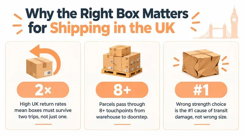 An infographic explaining why choosing the right shipping boxes is critical for deliveries within the UK.