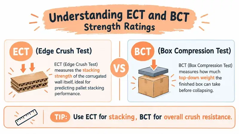An infographic comparing Edge Crush Test and Box Compression Test ratings for corrugated cardboard packaging materials.