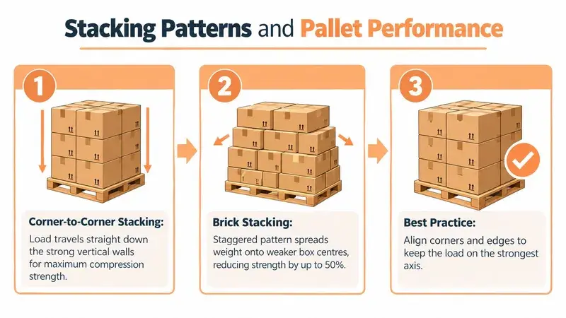 An infographic showing three different box stacking patterns on pallets to demonstrate load strength and performance.
