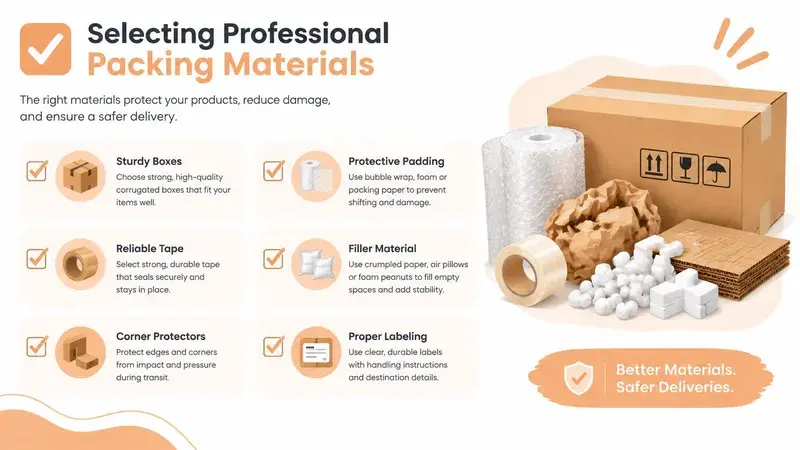 An infographic showing essential professional packing materials for secure shipping, including boxes, tape, and protective fillers.