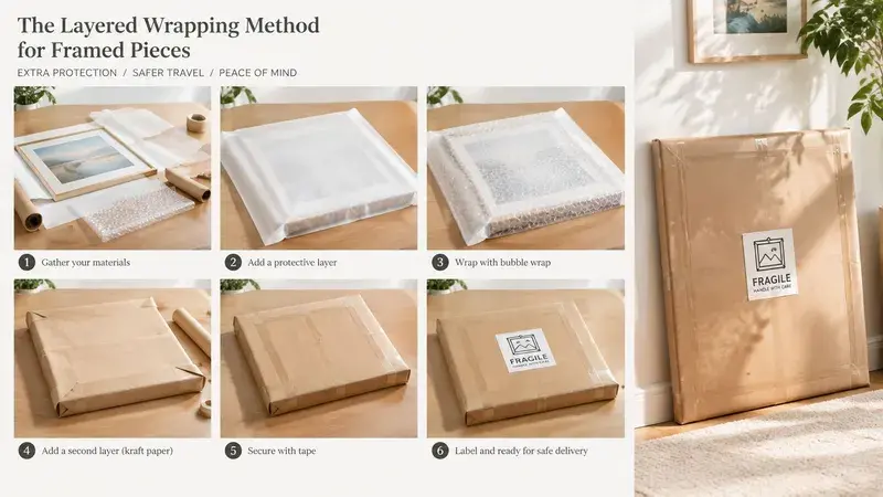 A six-step instructional guide showing the layered process of professionally wrapping a framed painting for safe transportation.