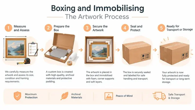 A five-step infographic illustrating the professional process of measuring, boxing, and protecting artwork for secure transportation.