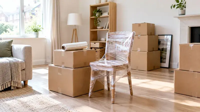 A wooden chair wrapped in protective plastic film next to stacked cardboard boxes for moving home.