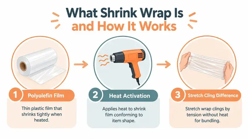 A diagram illustrating the shrink wrap process with a polyolefin film, a heat gun, and plastic wrapping.