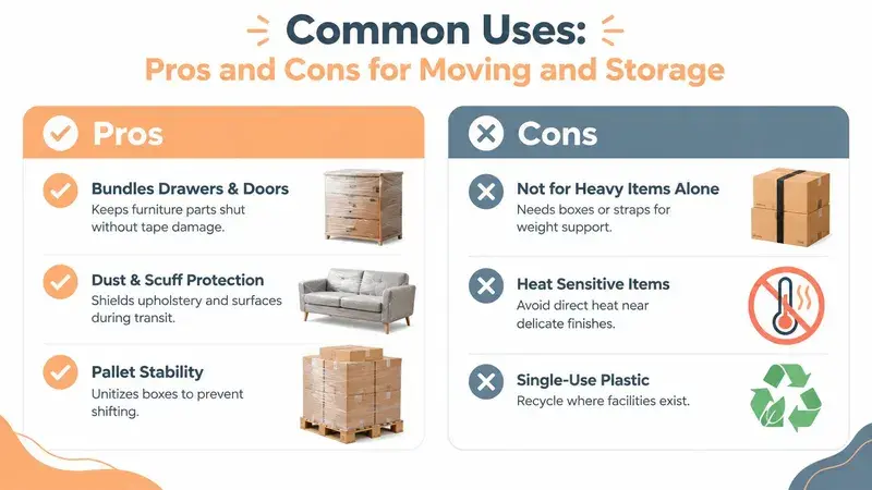 An infographic showing the pros and cons of using shrink wrap for moving and furniture storage.