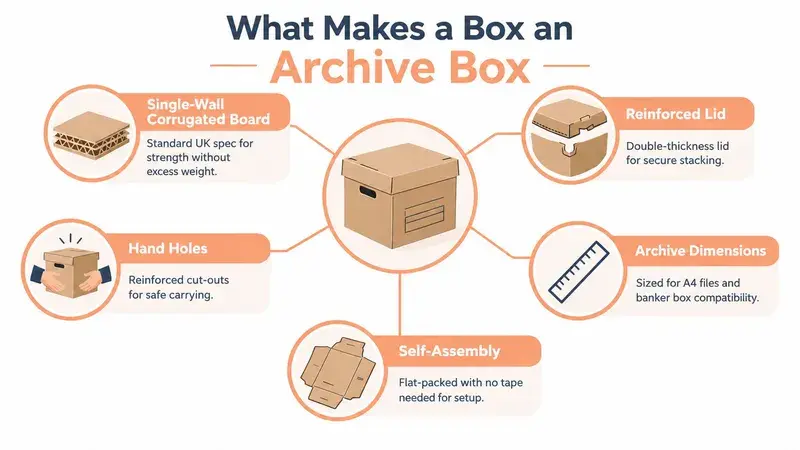 An infographic detailing the key features that define an archive box, including construction, assembly, and dimensions.