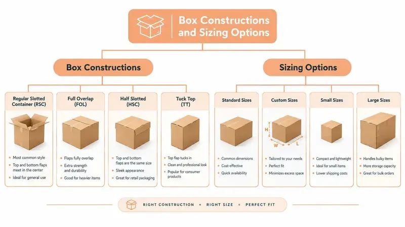 A diagram comparing various types of cardboard box constructions and their different available sizing options.