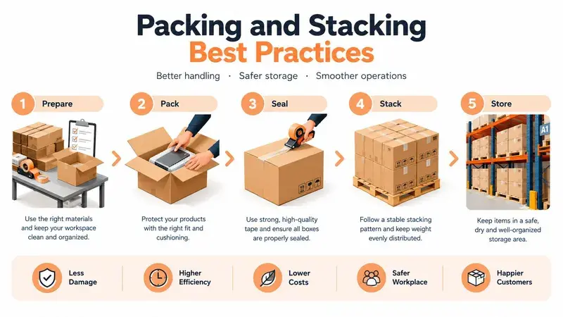 An infographic detailing five best practices for packing, sealing, and storing cardboard hamper boxes in a warehouse.