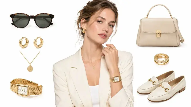 A professional woman wearing a cream blazer accessorized with gold jewelry, watch, beige handbag, and loafers.