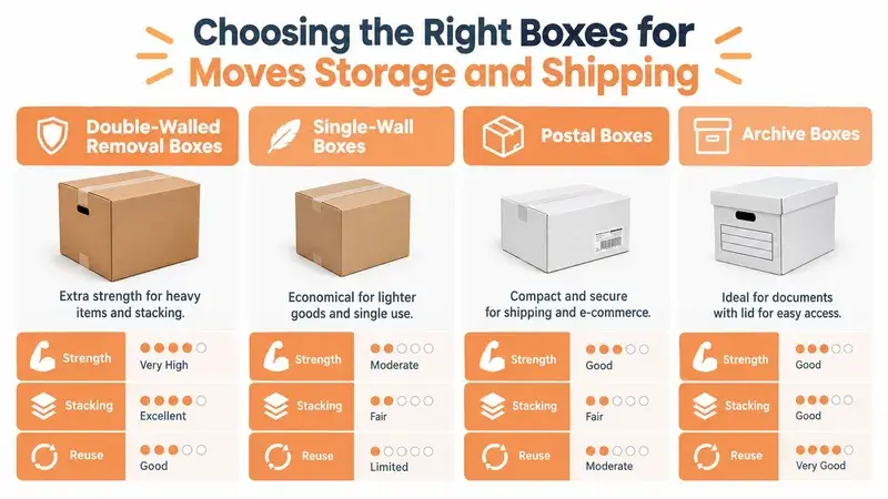A helpful infographic comparing four different types of cardboard boxes for moving, storage, and shipping purposes.