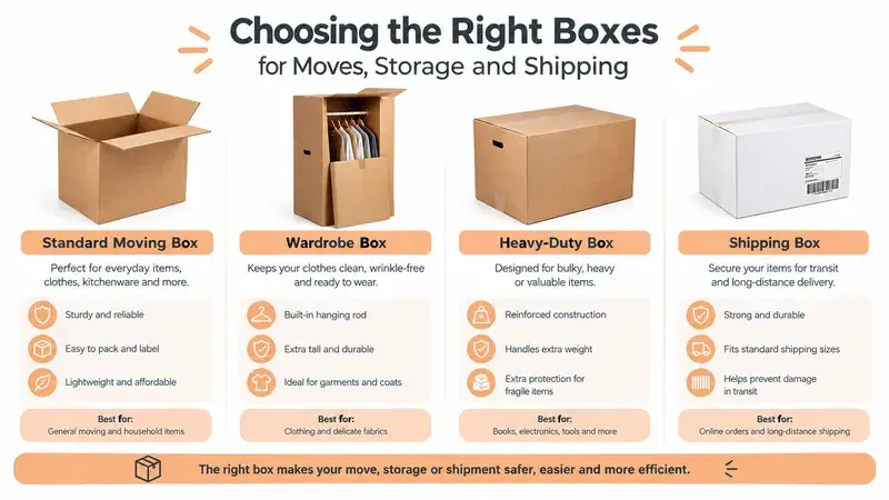 An infographic showing four types of cardboard boxes for moving, storage, and shipping with their key features.