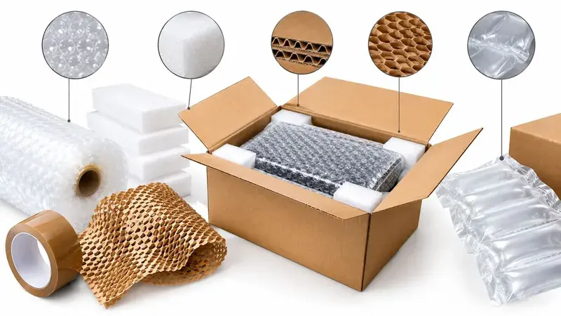 An open cardboard box containing a packaged item surrounded by various protective shipping and packaging materials.