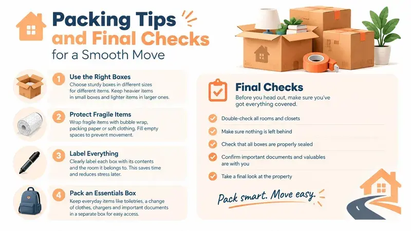A helpful infographic featuring four packing tips and a final checklist for moving houses smoothly and efficiently.