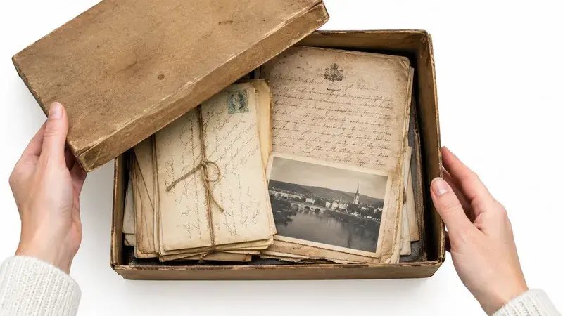 A pair of hands holds an open antique wooden box filled with vintage letters and a historic photograph.