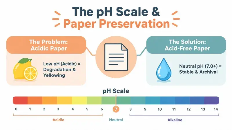 An infographic illustrating the pH scale, explaining how acidic paper causes degradation while acid-free paper ensures archival stability.