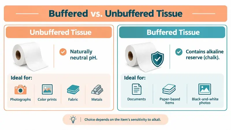 A comparison chart showing the differences between buffered and unbuffered tissue paper for archival purposes.
