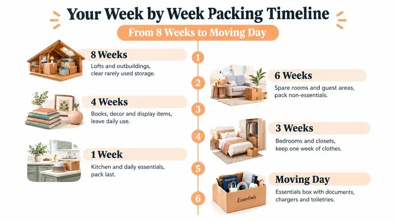 A timeline illustration showing a week-by-week guide for packing items when preparing to move house.