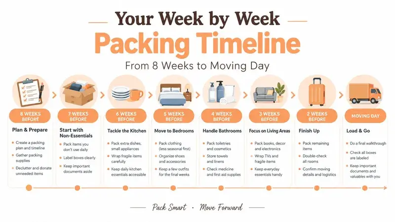 A colorful packing timeline infographic illustrating moving steps from eight weeks before to moving day.