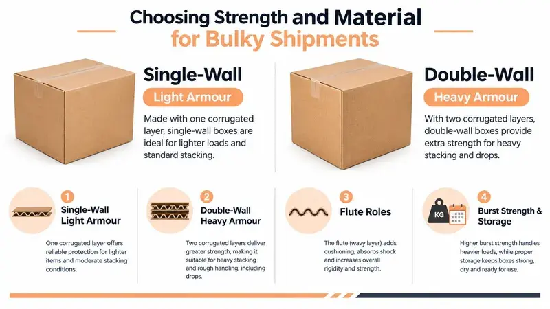 A diagram illustrating the difference between single-wall and double-wall cardboard boxes for shipping, detailing their strength and material.