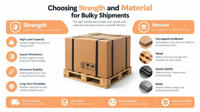 A diagram illustrating factors for choosing strength and material for bulky shipping containers and heavy loads.