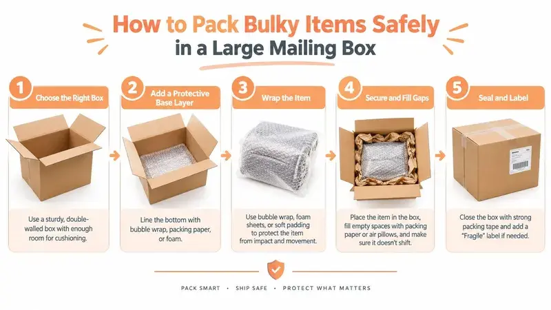 A step-by-step instructional infographic showing five simple ways to pack bulky items safely in a large mailing box.