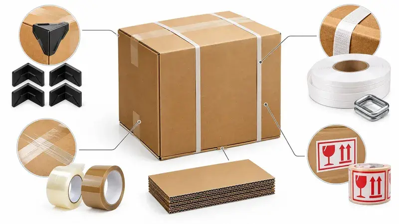 A large cardboard mailing box displayed with various shipping supplies like corner protectors, packing tape, and labels.