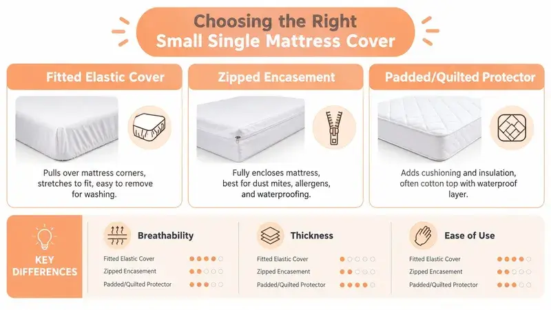 A comparison chart showing three types of small single mattress covers, highlighting their features and performance ratings.