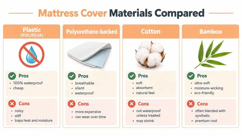 A comparison chart outlining the pros and cons of plastic, polyurethane-backed, cotton, and bamboo mattress cover materials.